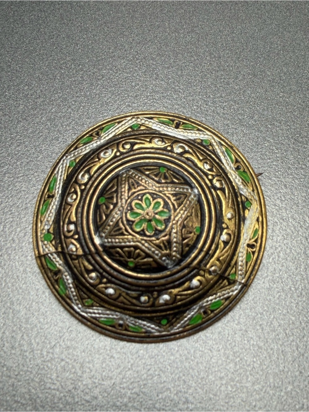 Antique Damascene Brooch - Green Accents #cz44